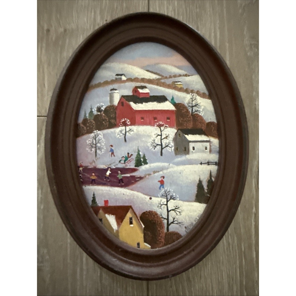 Vintage Framed Painting WINTER FUN Red Barn/Snow Signed Steven Klein Oval 8"